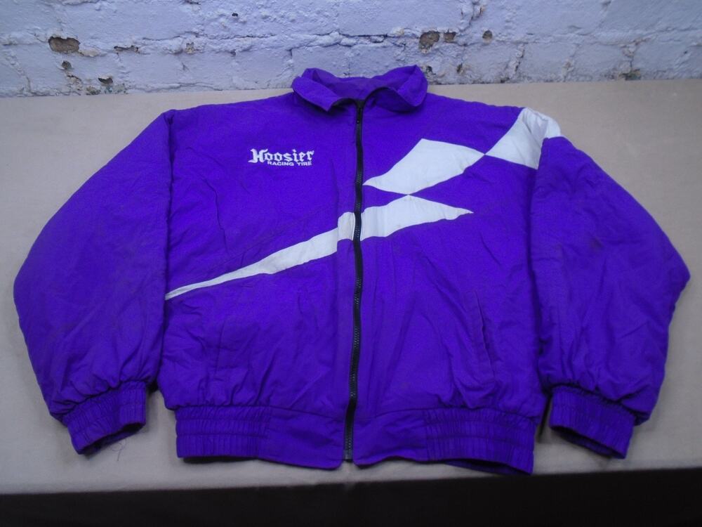 Vtg Retro Hoosier Racing Tire Jacket L Purple Embroidered Coat Button Zip Up